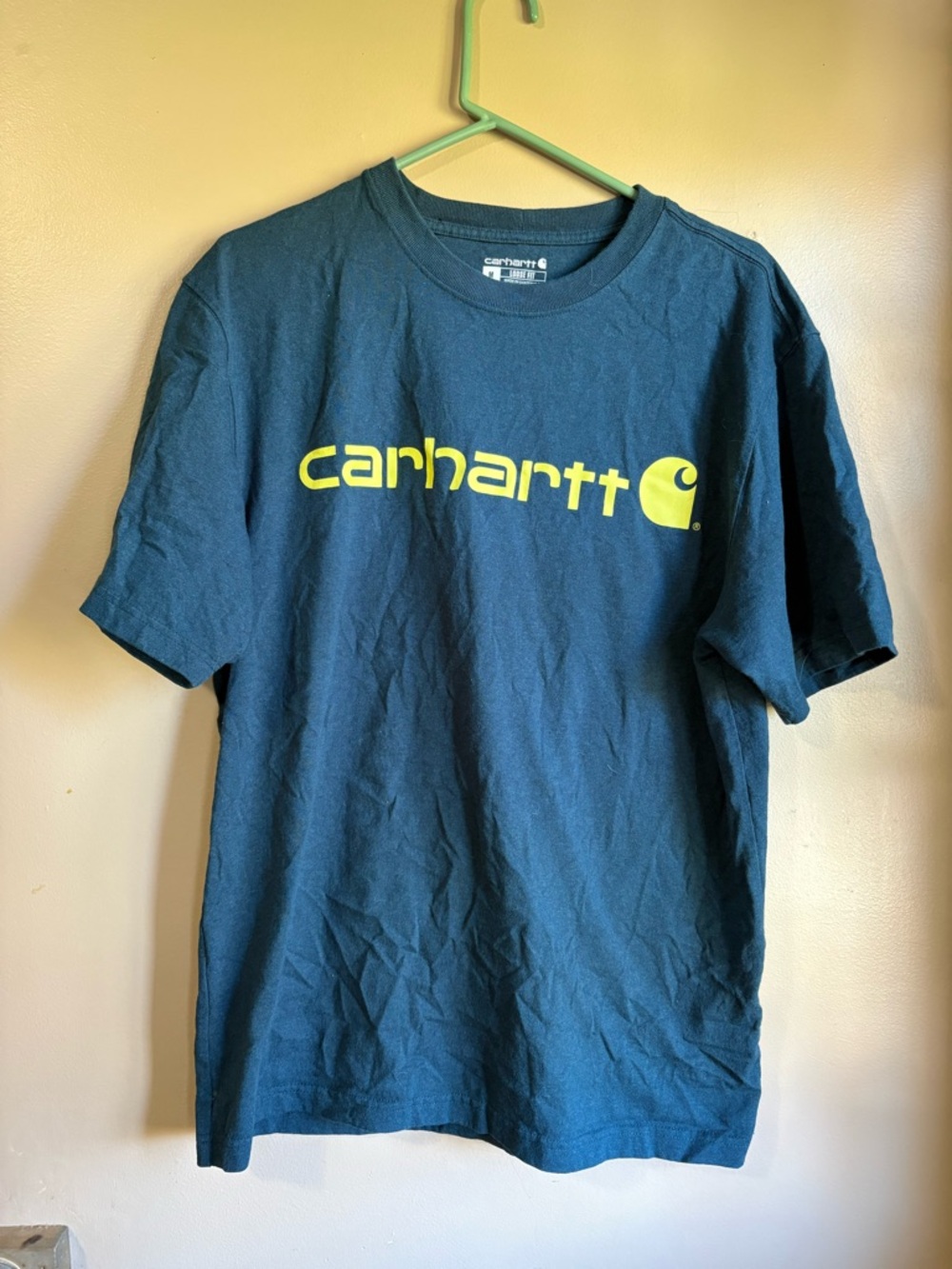 Carhartt Navy Blue Short-Sleeve Logo Tee with Yellow Print